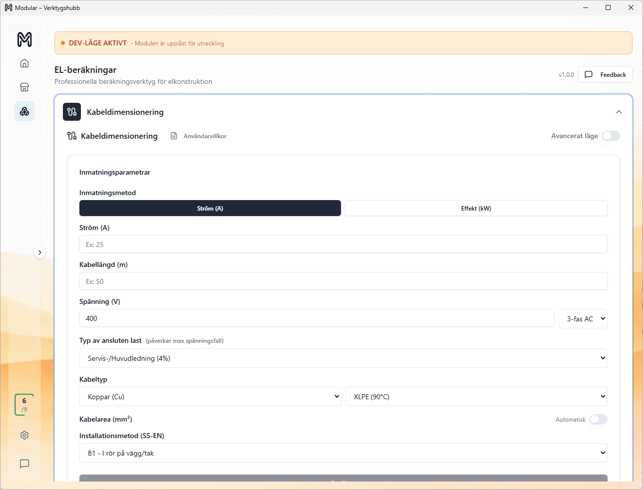 Kabeldimensionering skärmdump